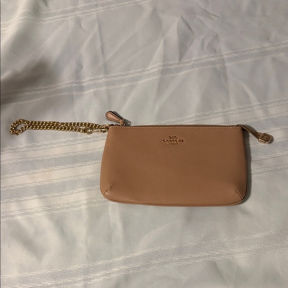 Coach Handbags - Coach Beige Leather Wristlet with Gold Chain